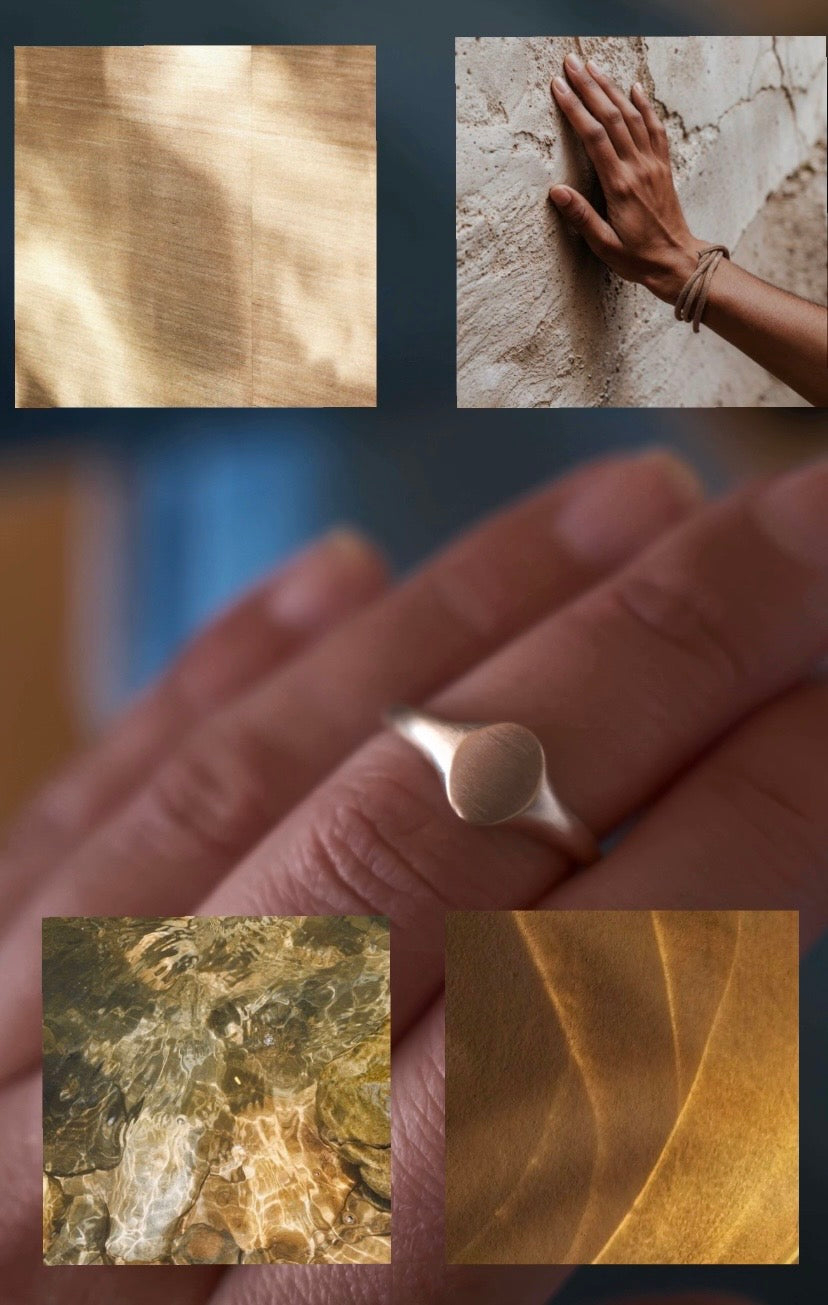 Collage of gold ring on a hand with close-up shots of gold texture.