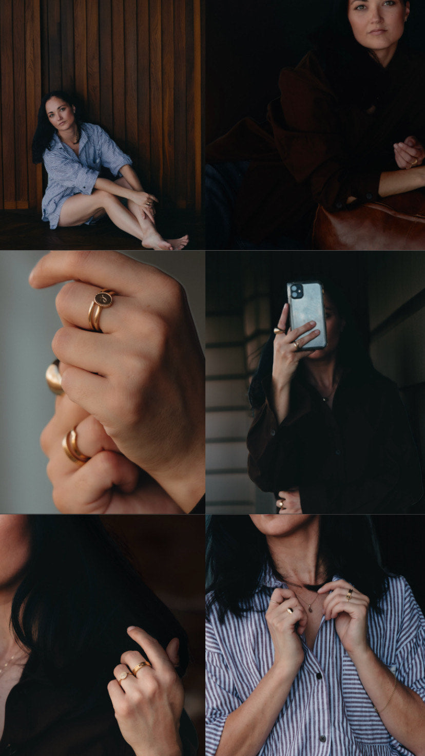 collage of australian middle age female in solid gold jewellery brown and blue aesthetic every day style