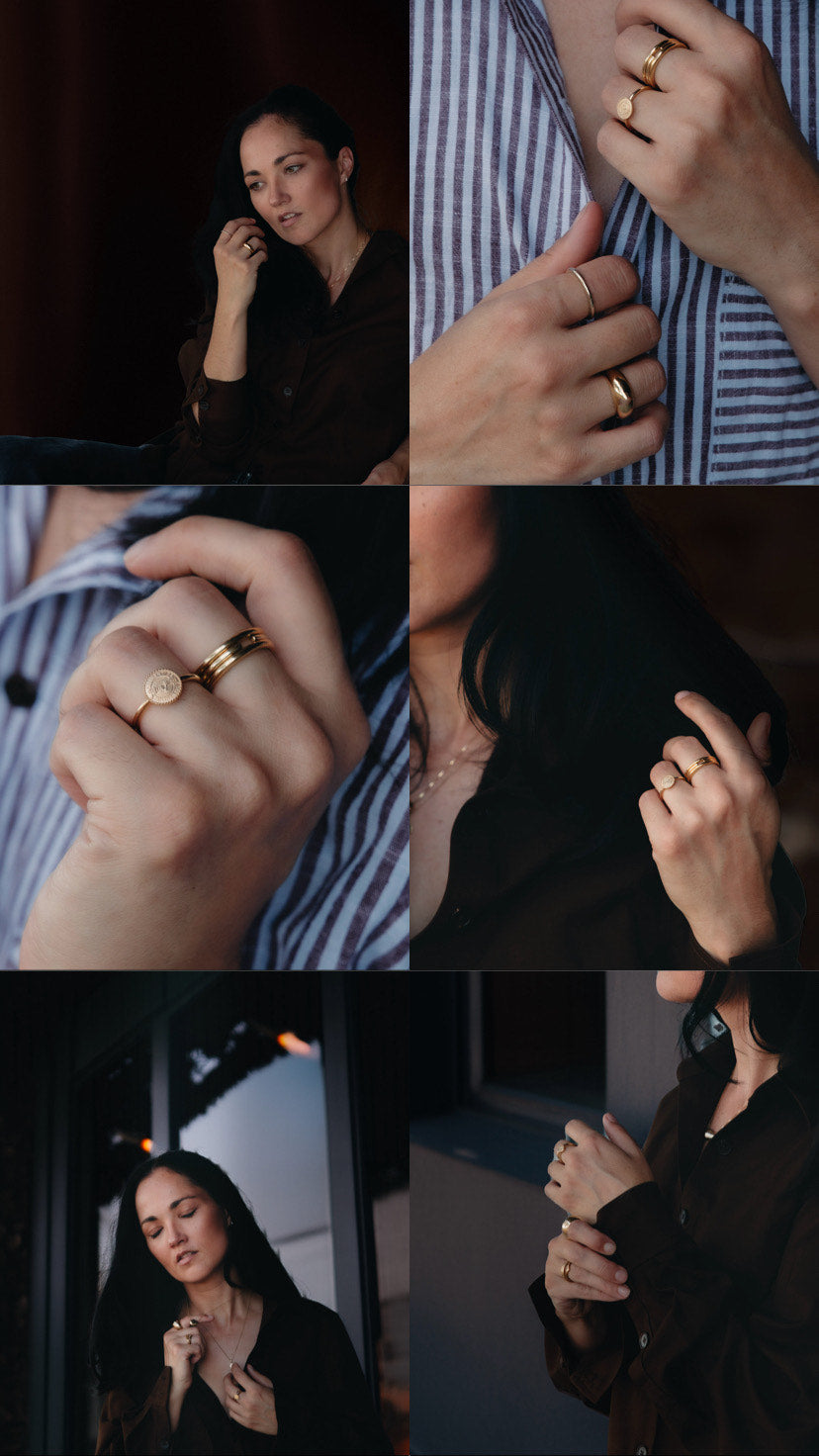 collage of australian middle age female in solid gold jewellery brown and blue aesthetic