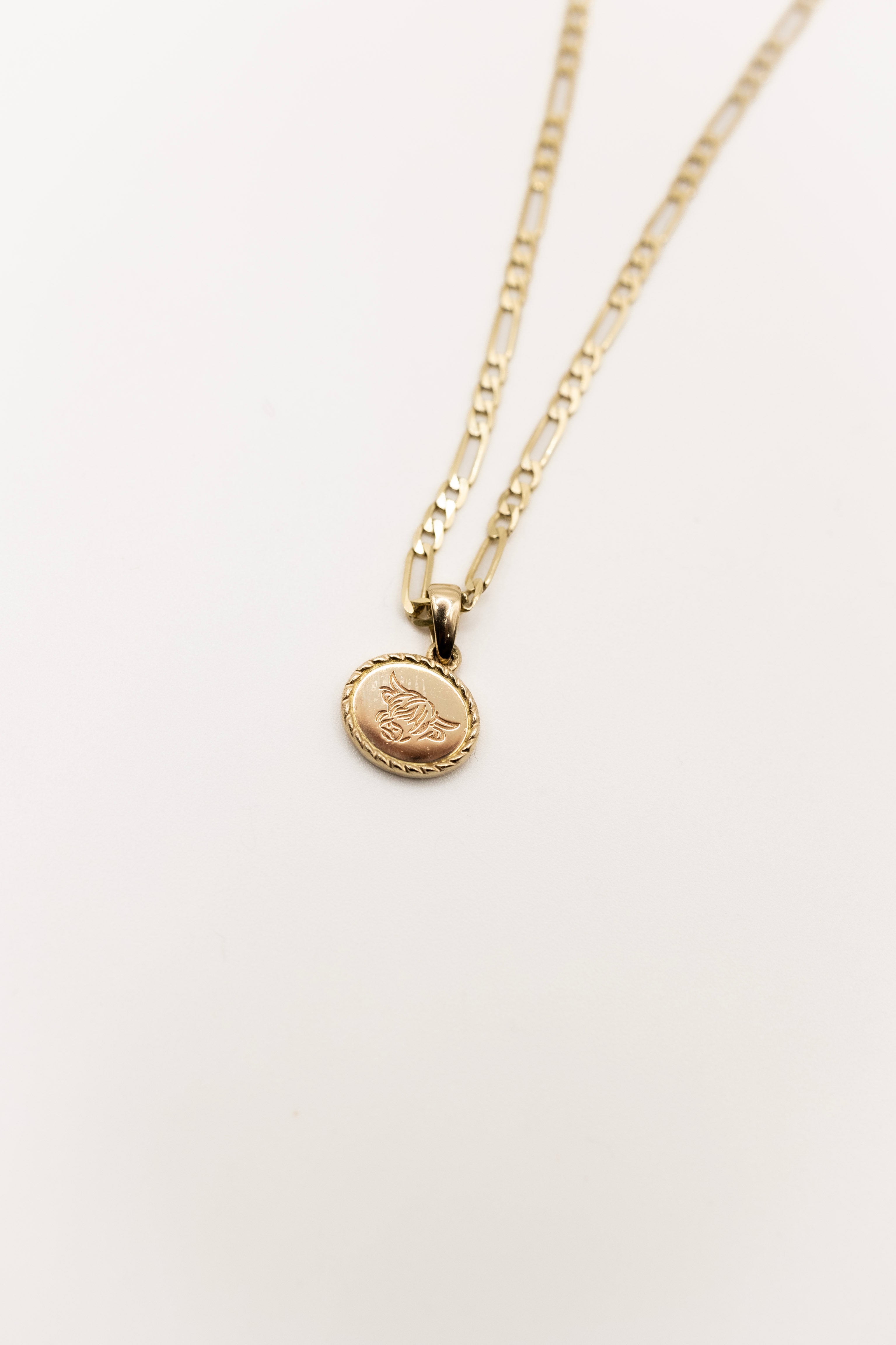 Gold necklace with a round pendant on a white background