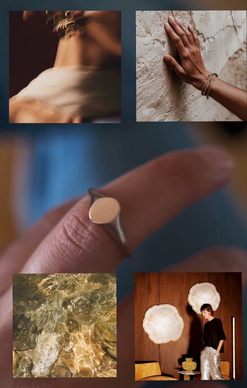 Collage of images including a close-up of a hand, a textured wall, a ring on a finger, and a room with decorative lights.