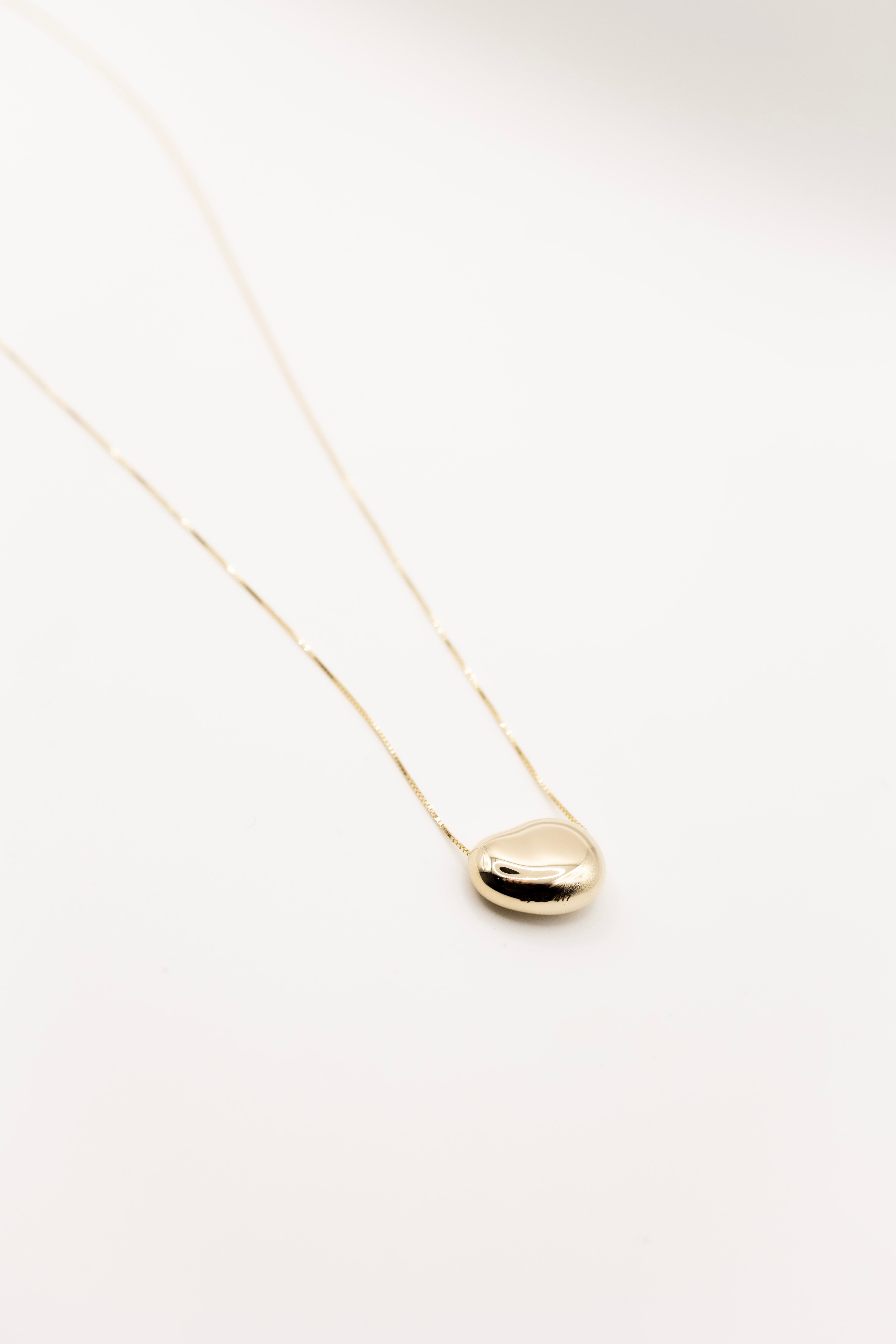 Gold saddle inspired necklace with a small pendant on a white background
